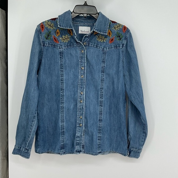 Westbound Tops - Vintage Westbound Embroidered Denim Shirt Fall Leaf Button-Up Long Sleeve Top L